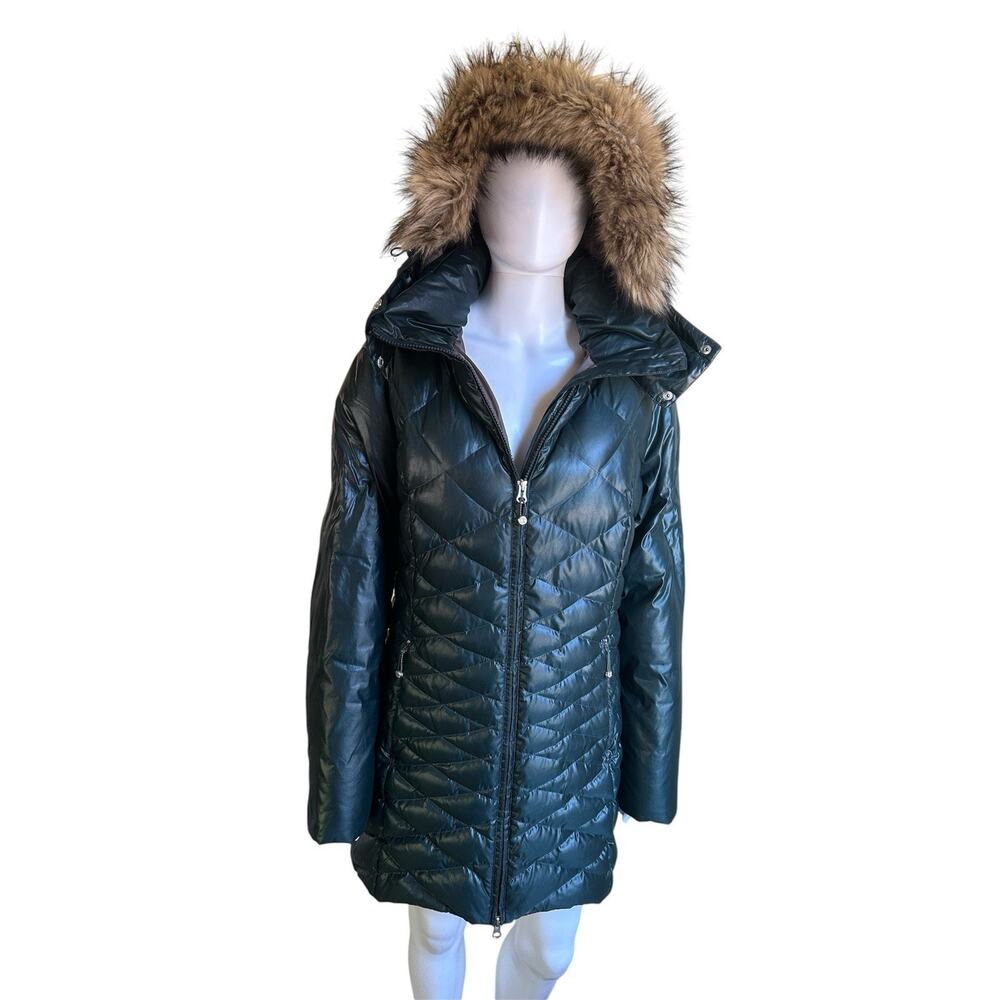 Eddie Bauer Womens 550 Fill Goose Down Puffer Parka Fur Hood Green Large EUC